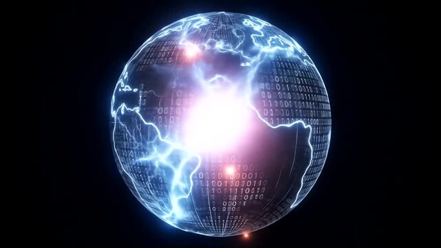 Digital world with binary code and energy sphere inside for innovative technology concept