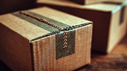 Close-Up of Brown Cardboard Box With Tape on Wooden Surface for Packaging and Shipping Concepts
