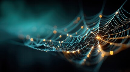 halloween technology concept. Colorful spider web illuminated in a dark background with bokeh effects.