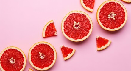 Sliced ruby red grapefruits on a soft pink background, arranged