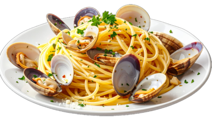 Plate of spaghetti alle vongole, featuring clams in shells, parsley, and red pepper flakes, served on a white plate.
