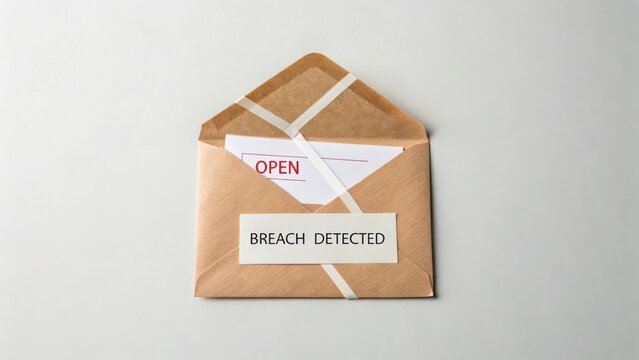 Brown Envelope with Breach Detected Label and Open Note on Gray Background for Security and Privacy Concepts