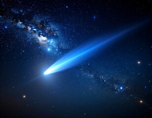 Blue comet streaks through starry cosmos, glowing