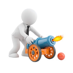 3D figure firing toy cannon on white background
