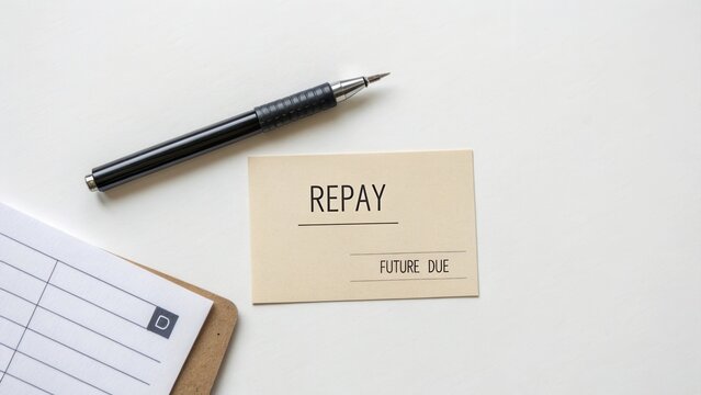 Simple Reminder Note for Repayment with Future Due Date Highlighted on Vintage Card with Pen on Clean Background