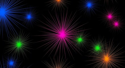 Vibrant Abstract Burst: Colorful Starbursts on Black Background, Modern Design.