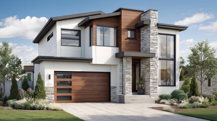 Fototapeta premium Contemporary residential architecture showcases a modern two-story dwelling featuring sleek lines, contrasting materials, a warm wooden garage door, and natural stone accents alongside expansive...