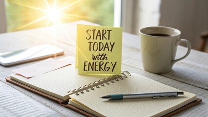 Bright Morning Workspace with Motivational Sticky Note, Coffee Cup, Open Notebook, and Smartphone on Wooden Table