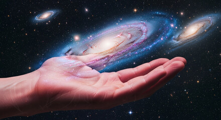 A galaxy rests in the palm of a hand, symbolizing the vastness of space and the human connection to the cosmos and the universe