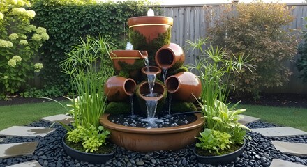 Serene backyard water feature with stacked terracotta pots, lush greenery, and decorative stones creating a tranquil garden oasis