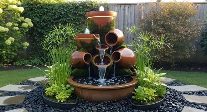 Serene backyard water feature with stacked terracotta pots, lush greenery, and decorative stones creating a tranquil garden oasis