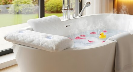Luxurious modern bathtub with warm, steaming water, rose petals, bath pillow, and rubber duck for a relaxing self-care experience