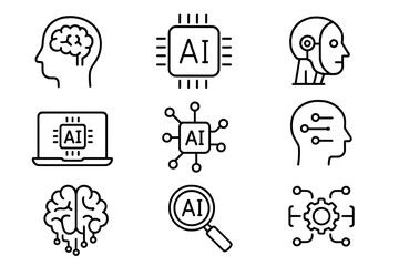 Artificial intelligence line icon pack. AI tech, machine learning, deep learning, data science concept. Editable stroke vector pictograms. Robot, brain, cpu, neural network symbols.