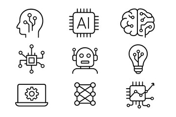 Artificial intelligence line icon set. AI technology, machine learning, neural network, robot, brain, cpu, data processing and chatbot pictograms. Editable stroke. Vector pack.