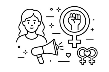 Feminism line icon set. Woman empowerment, girl power protest. Female rights march, gender equality concept. Activism, demonstration with megaphone. Lesbian, LGBTQ pride vector.