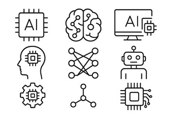 Artificial intelligence thin line icon set. AI, machine learning, bot, neural network. Brain, robot, CPU, processor chip, algorithm. Editable stroke vector pictogram pack.