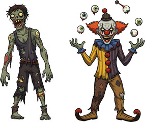 Zombie character, creepy clown, horror illustration, scary cartoon, Halloween artwork, spooky undead, juggling eyeballs, grotesque monster, terrifying circus, haunted theme