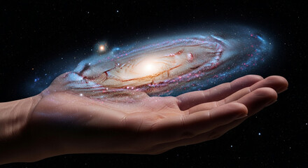 A galaxy rests gently in the palm of a hand, symbolizing the vastness of space and the human connection to the cosmos and universe