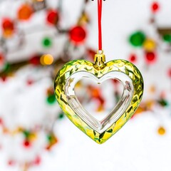 Golden heart ornament hanging on a snowy branch
