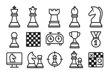 Chess game line icon set. Strategy, competition concept. King, queen, knight, pawn, chessboard, clock, trophy. Checkmate, tournament, victory. Vector outline symbols.