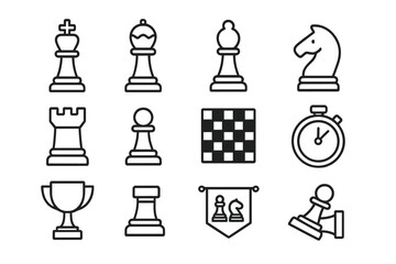 Chess line icon set. Editable stroke vector collection. Strategy, tactics, logic game pieces. King, bishop, knight, rook, pawn, chessboard, clock, trophy for tournament.