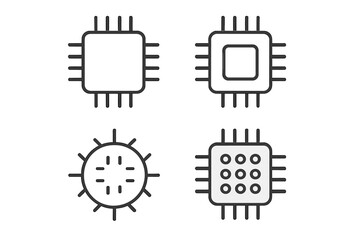Chip line icon set for technology design. Microchip, processor, CPU, and AI hardware concept. Editable stroke vector pictograms for apps and web. Computer semiconductor symbol.
