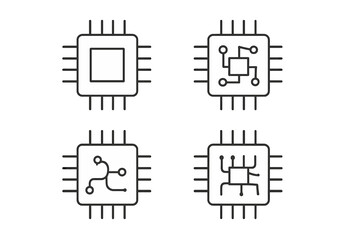 Chip line icon set. Processor, CPU, and microchip technology vector symbols. Computer hardware, circuit, and semiconductor pictogram pack. Editable stroke for app and web design.