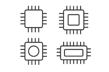Microchip processor line icon bundle. CPU computer component graphic element. Minimal linear pictogram set with editable stroke for app and web design. AI technology hardware concept.