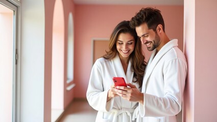 Happy young couple in white bathrobes looking at red smartphone together, smiling and laughing in modern spa or hotel room with pink walls and natural lighting