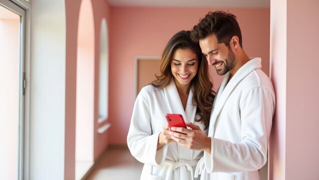 Happy young couple in white bathrobes looking at red smartphone together, smiling and laughing in modern spa or hotel room with pink walls and natural lighting