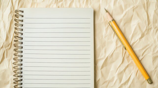 Blank spiral notebook with a yellow pencil on crumpled paper creating a workspace aesthetic for writing