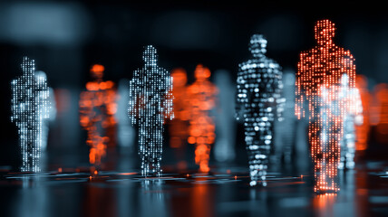 Digital Human Identities composed of data figures moving across a network, representing analytics privacy management and workforce transformation in connected systems.

