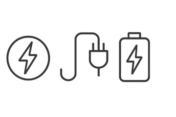 Energy and charging line icon set. Vector symbols for battery power, electricity plug, and charger. Minimalist outline pictogram collection for web and mobile app UI design.