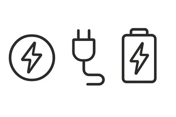 Energy and power line icon set. Charger plug, battery, and electricity symbol collection. Minimalistic outline pictograms for web, apps. Vector illustration with editable stroke.