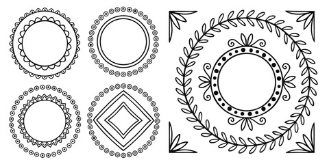 Set of handdrawn decorative circular frames and borders