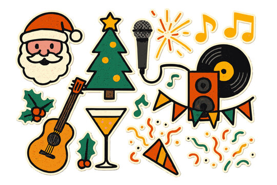 Christmas New Year music party vector elements set. Retro paper collage style illustration with Santa, guitar, vinyl for holiday celebration poster design. Halftone texture.