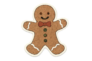 Gingerbread man Christmas cookie sticker. Holiday baking sweet food. Cute cartoon character vector. Festive winter dessert. Naive vintage torn paper and claymation illustration.