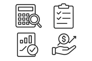 Business assessment and financial analytics icon set. Line style vector icons for auditing, calculation, investment growth, inspection report, checklist, and data analysis.