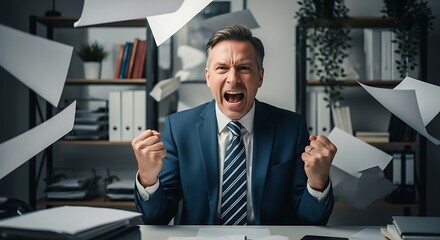 Fototapeta premium Angry businessman yelling papers flying office