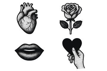 Valentine's Day icon set with halftone effect. Anatomical human heart, rose flower, lips kiss, and hand holding love symbol. Retro dotwork tattoo style vector elements.