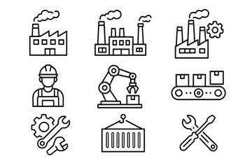 Industrial manufacturing icon set. Vector line art collection of factory, production, and automation concepts. Includes robot arm, conveyor belt, worker, and logistics symbols.