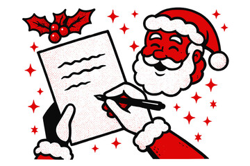 Retro cartoon Santa Claus writing his naughty or nice list. Christmas holiday vector illustration in halftone style. Festive St. Nick, holly, and magic stars graphic design.