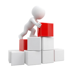 3D Figure Climbs Red Cube on White Blocks - Growth and Progress
