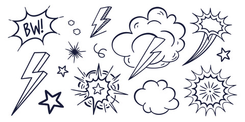 Collection of comic book style sound effects and symbols