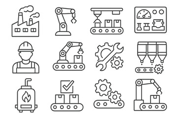 Factory and manufacture simple line icon set. Industrial production, automation technology, robotics, assembly line, conveyor, worker vector symbols. Editable stroke icons.