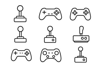 Joystick and gamepad line icon set. Minimalistic vector pictograms for video games. Retro arcade and modern console controllers. Editable stroke symbols for UI, UX design.