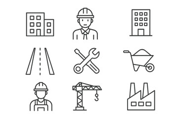 Construction industry line icon set. Building, engineer, business, road, repair tools, equipment, helmet, crane, and builder vector collection for web and mobile apps.