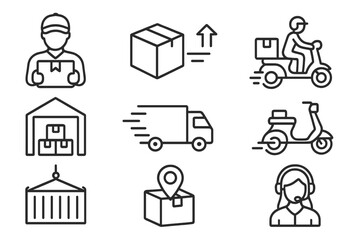 Delivery and logistics icon set in thin line style. Courier, shipping, express delivery, warehouse, truck, scooter, container, order tracking, support, business pictograms.