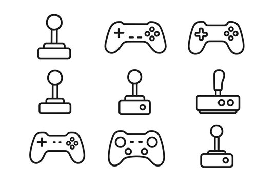 Joystick and gamepad line icon set. Minimalistic vector pictograms for video games. Retro arcade and modern console controllers. Editable stroke symbols for UI, UX design.