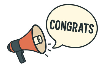 Megaphone with congrats speech bubble. Loudspeaker for announcement, celebration, and success. Banner for business, marketing, and advertising. Vector illustration communication.